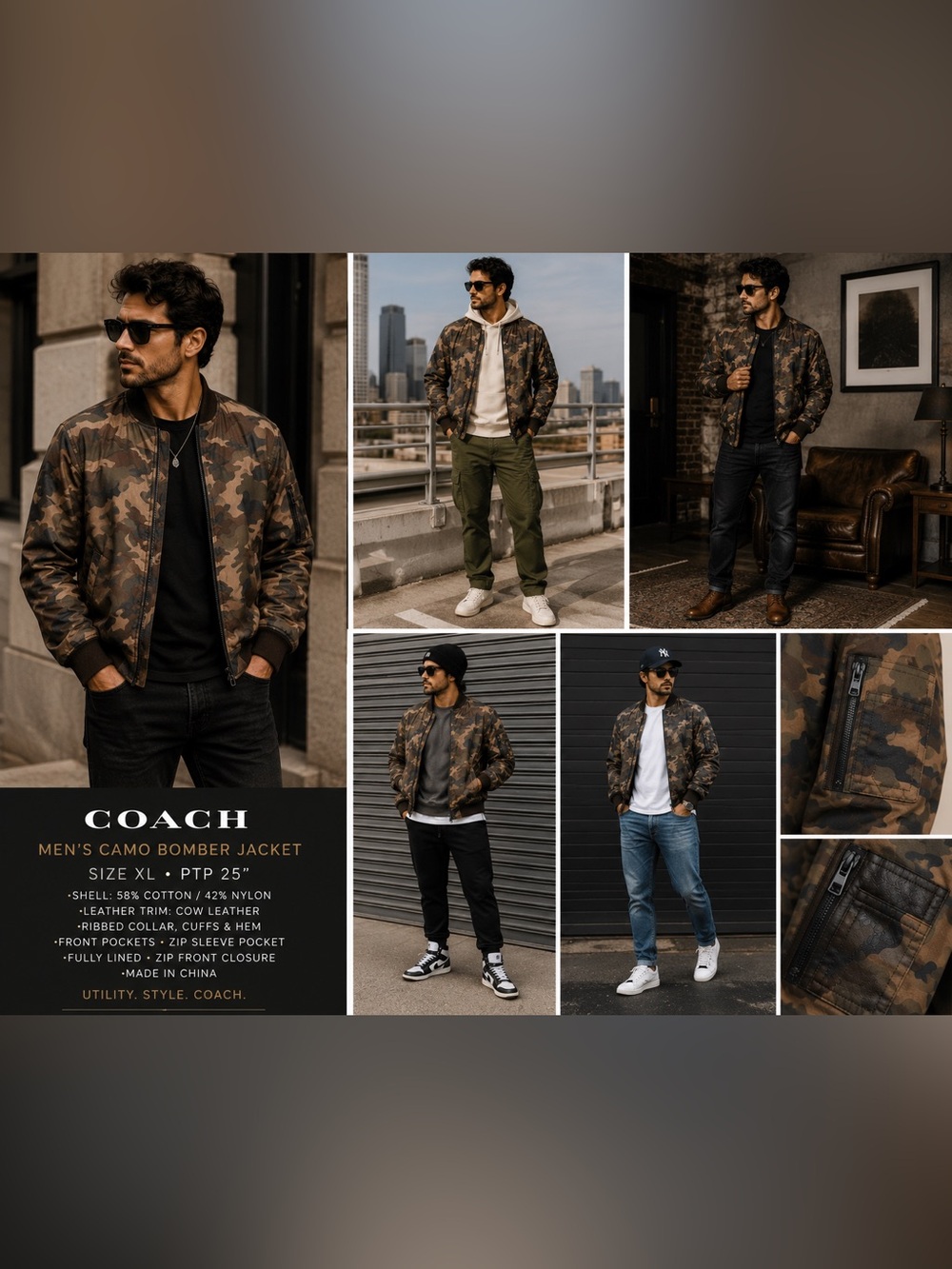 Coach Men’s Camo Bomber Jacket XL 25” PTP Genuine Leather Trim
